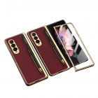 Leather Folding Mobile Phone  Case All-inclusive Anti-drop Creative Pen Slot Mobile Phone Cover Compatible For Zfold3/w22 wine red