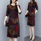 Long Sleeves and Round Neck Dress with Floral Printed Casual Loose Dress for Woman Wine red lotus_XXL
