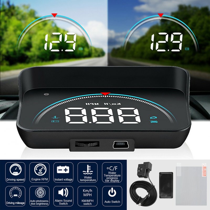 M8 Car Hud Head-up  Display Led Screen Display Obd2 Ii Overspeed Warning System Speed Non-destructive Installation Voltage Alarm black