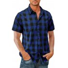 Men Casual Shirt Short Sleeve Plaid Cotton Hawaiian Tops Lapel Loose Cardigan Tops Royal blue XL