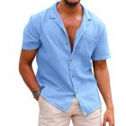 Men Fashion Lapel T-shirt Short Sleeves Linen Cardigan Tops Casual Solid Color Loose Large Size Shirt light blue S