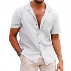 Men Fashion Lapel T-shirt Short Sleeves Linen Cardigan Tops Casual Solid Color Loose Large Size Shirt White L
