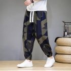 Men Harem Pants Trendy Chinese Style Printing Thin Trousers Contrast Color Loose Casual Cotton Linen Pants k023 stripe blue M