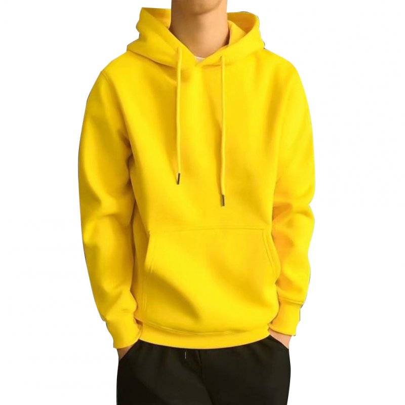Men Kangaroo Pocket Plain-Colour Sweaters Hoodies for Winter Sports Casual  yellow_L