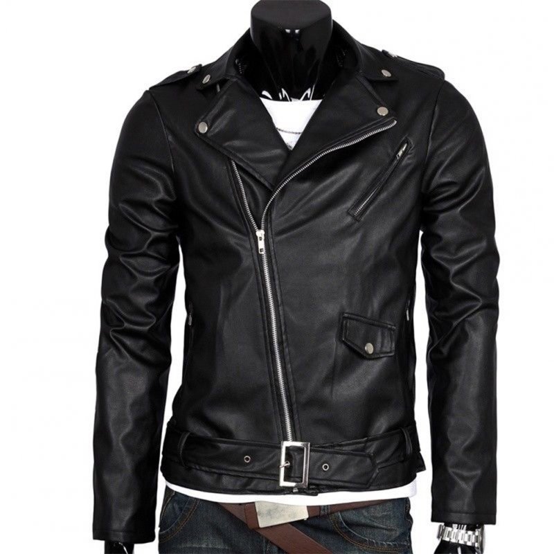 Men Leather Jacket Slim Fit Motorcycle Jacket Zipper Casual Coat Spring Autumn Winter black_L