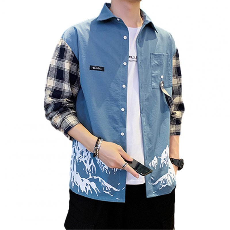 Men Plaid Printing Shirt Long Sleeve Autumn Teenagers Loose Blouse blue_M