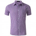 Men Plaid Short Sleeve Shirts Solid Color Cotton Lapel Collar Casual Tops