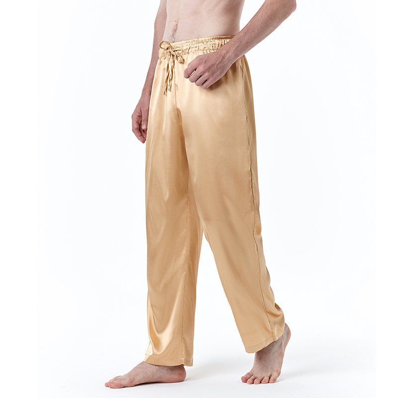 Men Satin Pants Casual Mid-waist Simple Solid Color Loose Large Size Trousers Homewear yellow M