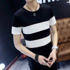 Men Short Sleeve T-shirt Round Collar Stripes Pattern Casual Tops black_L (60 kg)