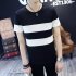 Men Short Sleeve T shirt Round Collar Stripes Pattern Casual Tops black L  60 kg 
