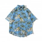Men Short Sleeves Lapel T-shirt Summer Hawaiian Printing Casual Loose Cardigan Tops blue XL