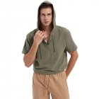 Men Short Sleeves Loose T-shirt Summer Cotton Linen Drawstring Hooded Tops Solid Color Casual Pullover Shirt Army Green M