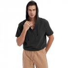 Men Short Sleeves Loose T-shirt Summer Cotton Linen Drawstring Hooded Tops Solid Color Casual Pullover Shirt black M