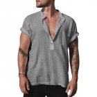 Men Short Sleeves T-shirt Trendy Stand Collar Large Size Casual Linen Tops Simple Solid Color Pullover Shirt grey S