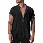 Men Short Sleeves T-shirt Trendy Stand Collar Large Size Casual Linen Tops Simple Solid Color Pullover Shirt black L