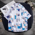 Men Short Sleeves T-shirt Summer Thin Trendy Printing Lapel Cardigan Tops Loose Casual Beach Shirt For Couple YS042 white XL