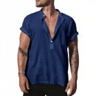Men Short Sleeves T-shirt Trendy Stand Collar Large Size Casual Linen Tops Simple Solid Color Pullover Shirt dark blue M