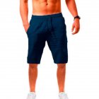 Men Summer Linen Cotton Sports Shorts Breathable Casual Loose Solid Color Straight Pants navy blue L