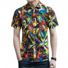 Men Summer Short Sleeves T-shirt Fashion Hawaiian Printing Lapel Tops Casual Large Size Beach Shirts dark brown XL
