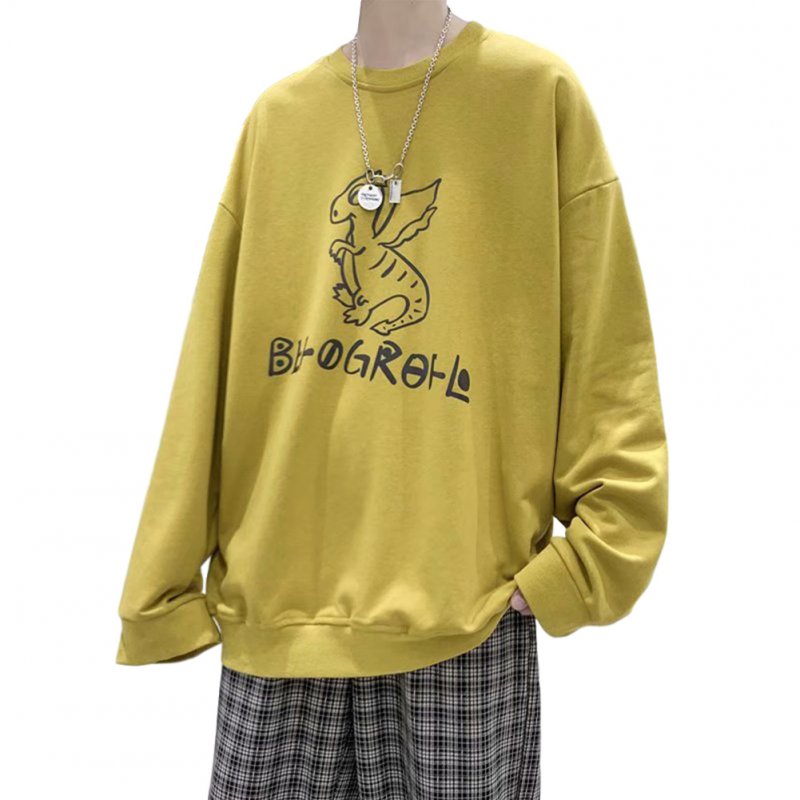 Men Sweatshirts Round Collar fashion Oversized  Small Dinosaur Print Long Sleeve Shirt Yellow _XL