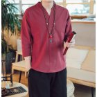 Men V-neck Cotton Linen T-shirt Summer Chinese Style Slim Fit Large Size Tops Simple Solid Color Casual Shirt wine red M