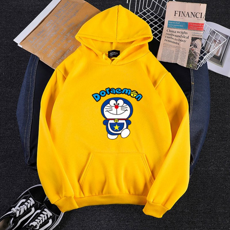 Men Women Hoodie Sweatshirt Cartoon Doraemon Thicken Loose Autumn Winter Pullover Tops Yellow_XL