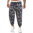 Men Yoga Pants Fashion Contrast Color Middle Waist Trousers Casual Cotton Linen Loose Large Size Pants navy blue XL