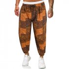 Men Yoga Pants Fashion Contrast Color Middle Waist Trousers Casual Cotton Linen Loose Large Size Pants coffee color L