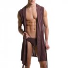 Men's Sexy Casual Night-Robe Sleeveless Sleepwear Hooded Ultra-Thin Pajama coffee_M
