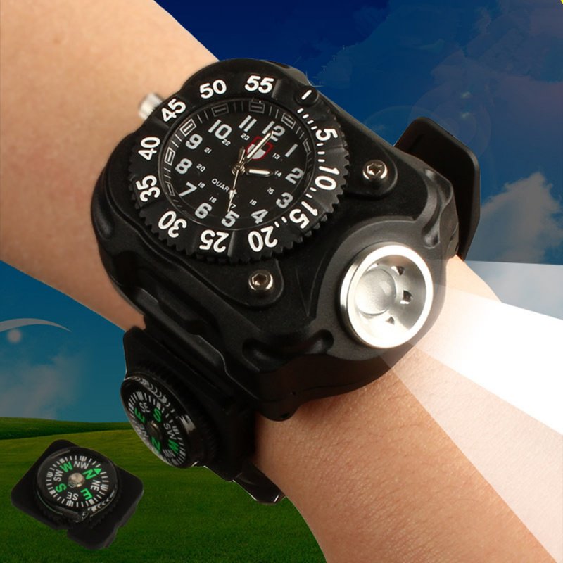 Wrist Watch w. LED Flashlight and Compass
