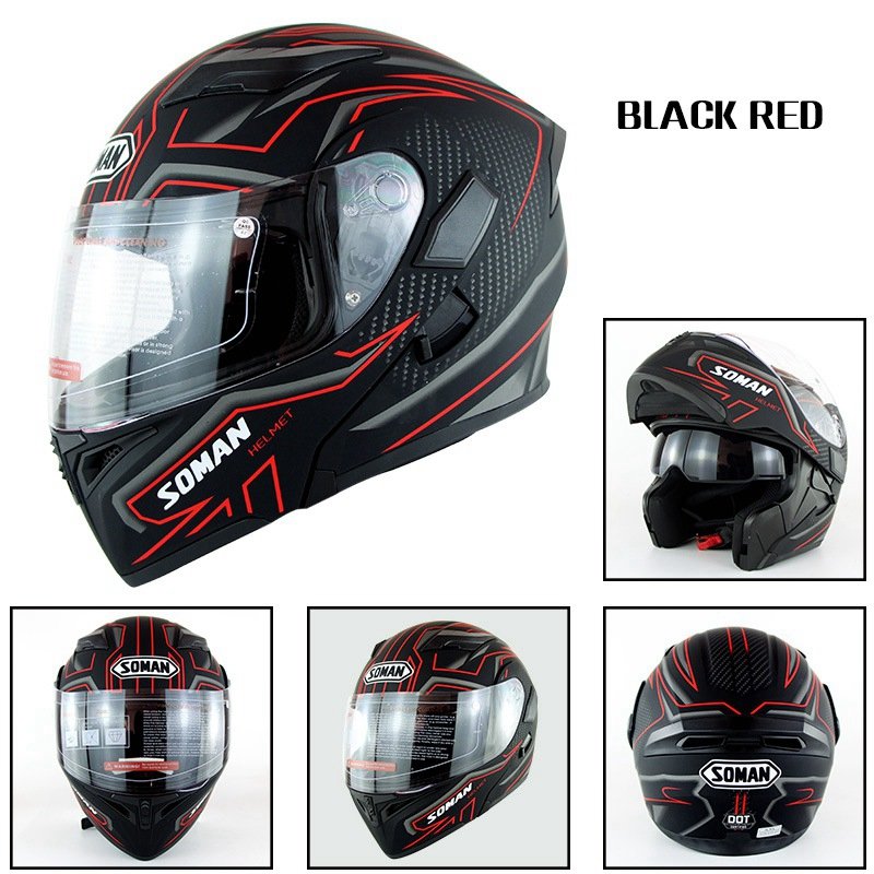 Motorcycle Helmet Unisex Double Lens Uncovered Helmet Off-road Safety Helmet Matte black and red lines_M