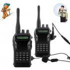 Professional grade walkie talkie set with a bone conduction earpiece and push to talk fingerbutton   This premium two way communication set consists of a pair o