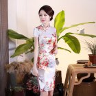 Retro Cheongsam Dress For Women Summer Short Sleeves Low Slit Skirt Large Size Stand Collar Satin Dress White LGD129 S