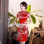 Retro Cheongsam Dress For Women Summer Short Sleeves Low Slit Skirt Large Size Stand Collar Satin Dress Red LGD129-B 3XL