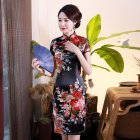 Retro Cheongsam Dress For Women Summer Short Sleeves Low Slit Skirt Large Size Stand Collar Satin Dress Black LGD129-A 3XL