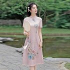 Retro Cheongsam Dress For Women Fashion Chinese Style Printing Stand Collar A-line Skirt Short Sleeves Midi Skirt pink M