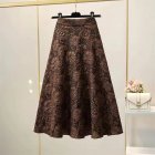 Retro High Waist Skirt For Women Elegant Hollow-out Floral Large Swing Skirt For Party Dance Performances dark brown L