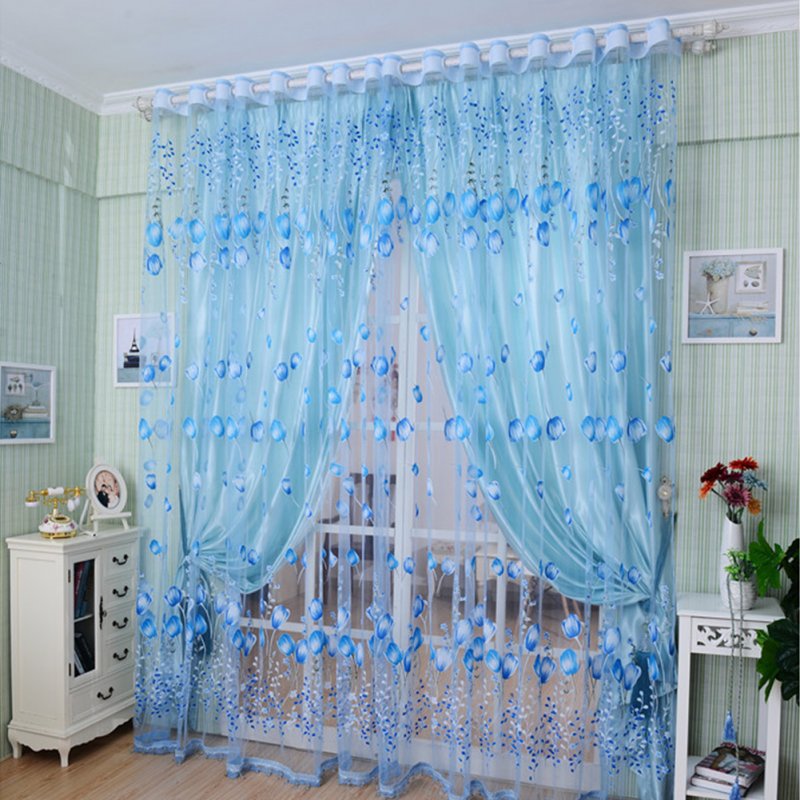 Romantic Tulips Window Voile Curtain Creative Floral Translucent Tulle Door Drape - 3 Colors for Choice Blue_1x2m