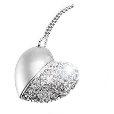 4GB USB Flash Drive Necklace - Jeweled Metal Heart