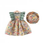 Summer Baby Girls Sling Dress With Hat Cute Floral Printing Pleated Princess Dress For Kids Aged 1-3 green CM:80