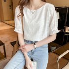Summer Chiffon Blouse For Women Fashion Simple Solid Color Half Sleeves Tops Sweet Round Neck Loose T-shirt White L