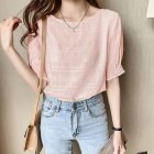 Summer Chiffon Blouse For Women Fashion Simple Solid Color Half Sleeves Tops Sweet Round Neck Loose T-shirt Pink XL