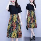 Summer Dress For Women Fashion Large Size Loose Midi Skirt With Pockets Round Neck Large Swing Casual Dress yellow L
