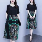 Summer Dress For Women Fashion Large Size Loose Midi Skirt With Pockets Round Neck Large Swing Casual Dress green 3XL