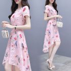 Summer Irregular Middle Long Dress Flower Bird Short Sleeves Slim Causal Dress Pink_M