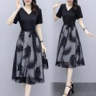 Summer Mesh Dress For Women V Neck Short Sleeves A-line Skirt Large Size Slimming Fake Two-piece Dress black XL