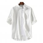 Summer Plus Size Shirt For Men Stand Collar Three-quarter Sleeve Cotton Linen Solid Color Loose Tops White XL