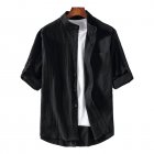 Summer Plus Size Shirt For Men Stand Collar Three-quarter Sleeve Cotton Linen Solid Color Loose Tops black 2XL