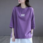 Summer Round Neck T-shirt For Women Fashion Printing Round Neck Pullover Tops Loose Casual Blouse Purple M