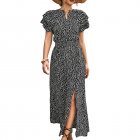 Summer Short Sleeve Dress For Women Elegant Lace-up Split Long Skirt Casual Printing Beach Dress For Party black L